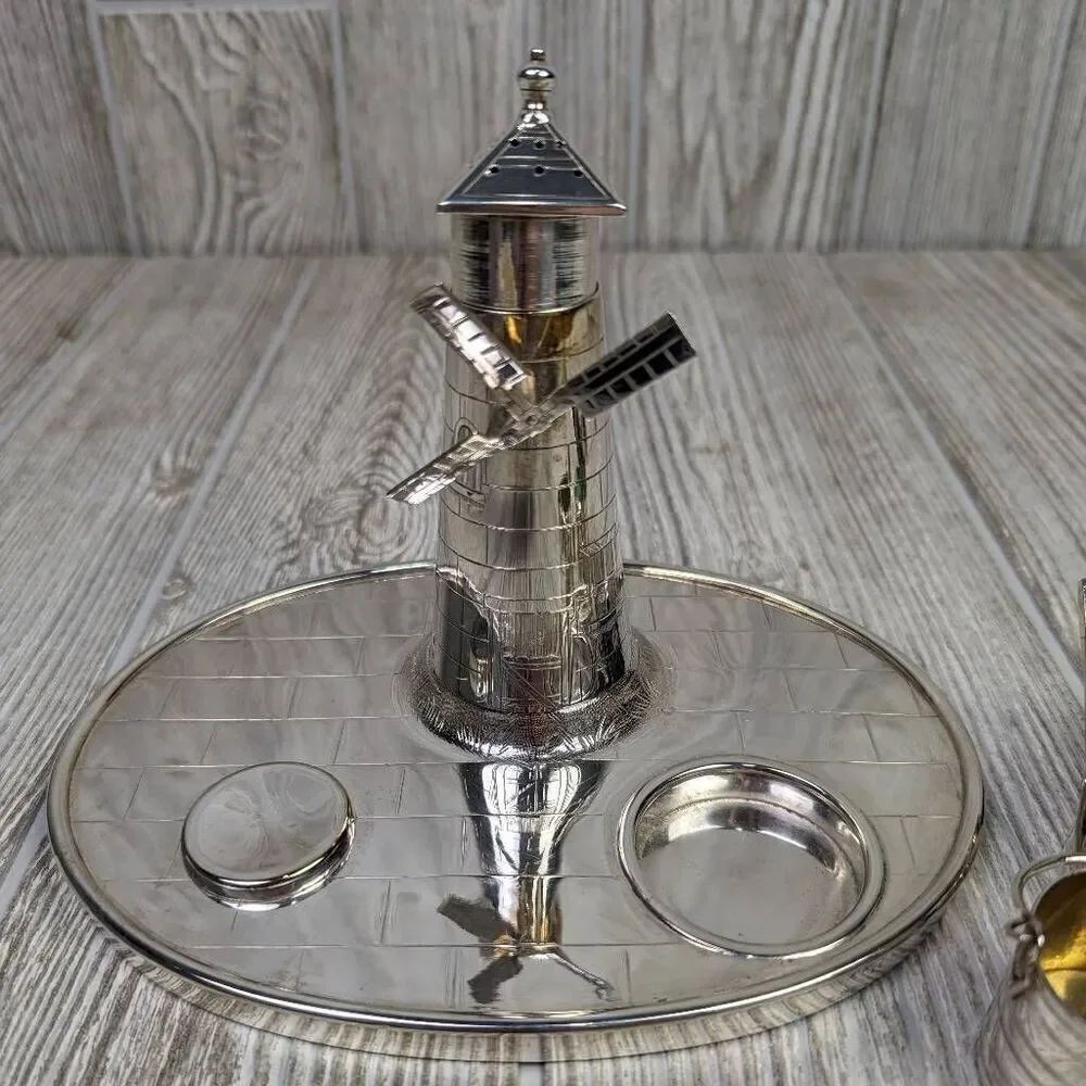 Victorian Silver Plated Novelty Cruet Set with Engraved Windmill Style Pepper Po